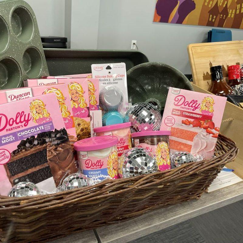 A donated gift basket made up on a table