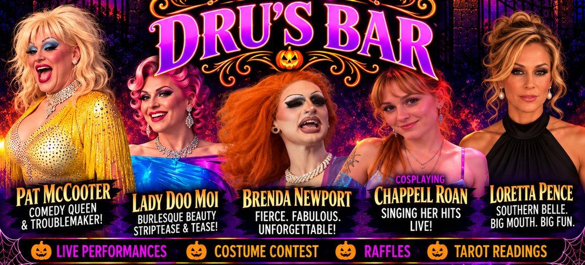 The Halloween Party bill: Pat McCooter, Lady Doo Moi, Brenda Newport, a Chappell Roan cosplay and Loretta Pence, above a row reading live performances, costume contest, raffles and tarot readings